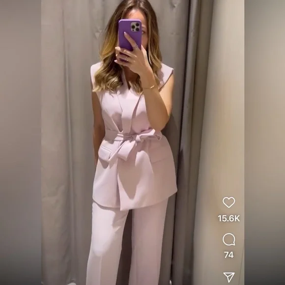 ZARA 2 PIECES MATCHING SET TIED BELTED VEST AND SIDE ZIP FLOWY PANTS - Picture 13 of 16